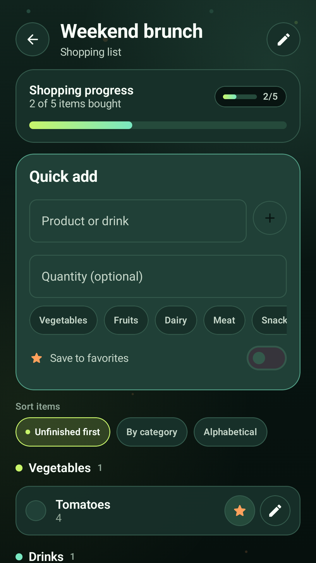 Shopping list screen