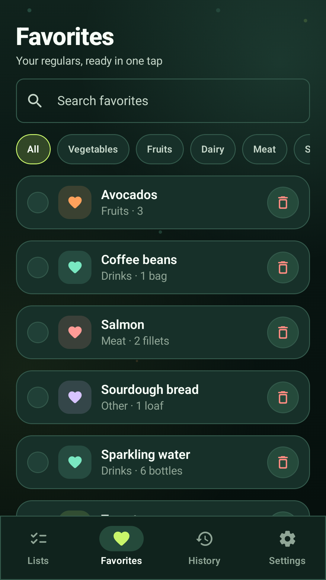Favorites screen